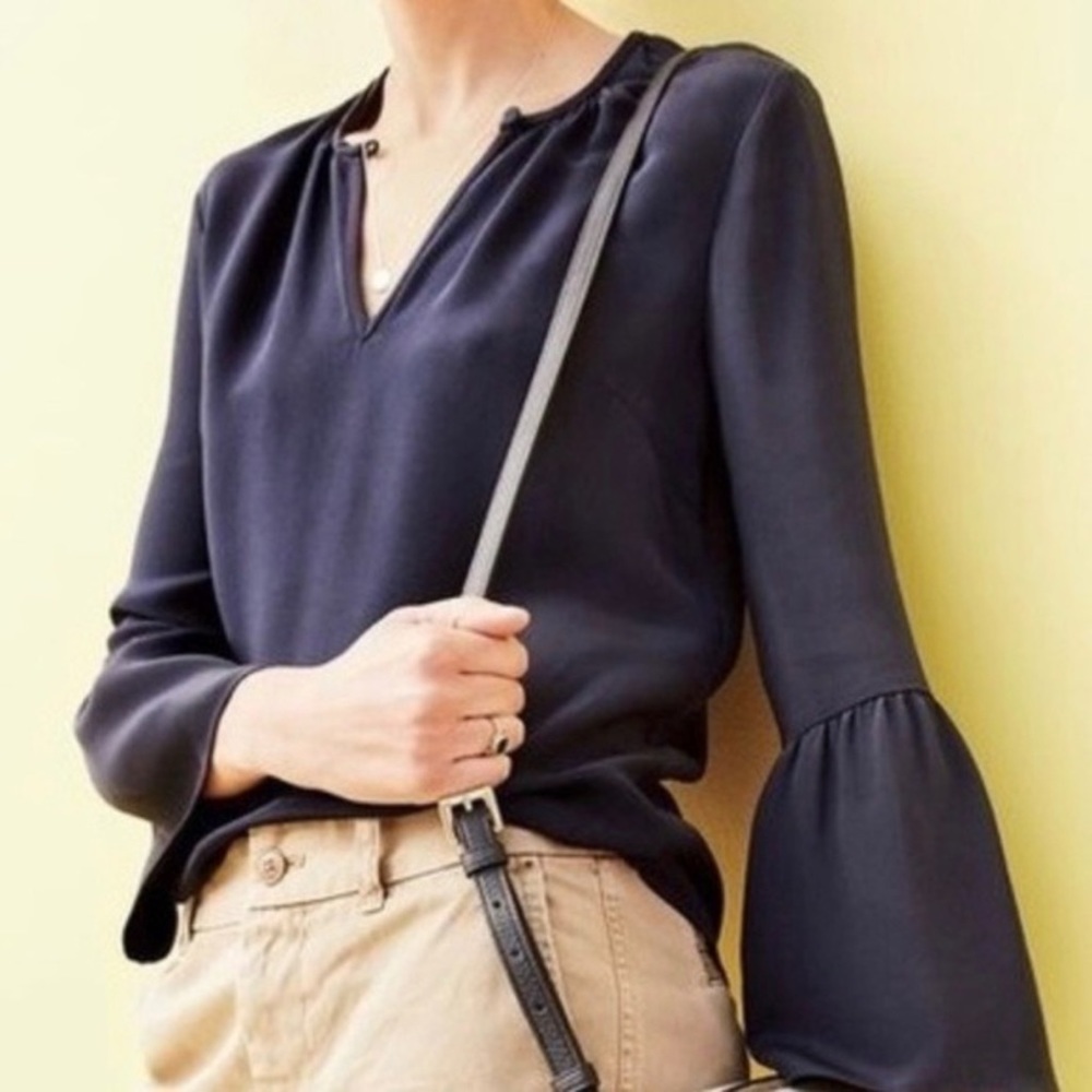 J. Crew Black 100% Silk Bell Sleeve Blouse V-Neck Button Closure